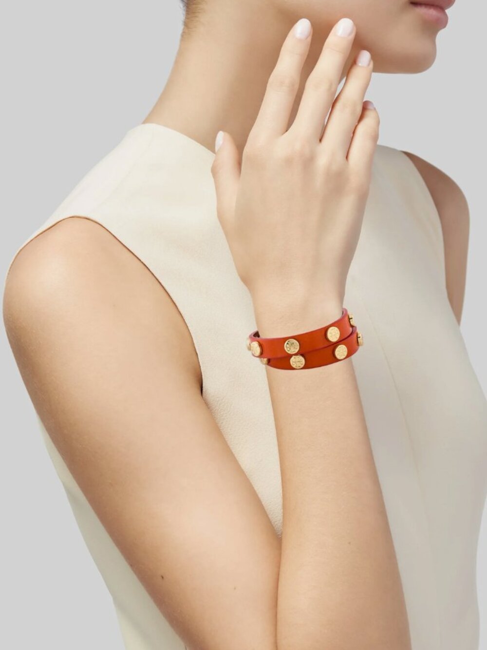 Tory Burch Red Leather Double-Wrap Bracelet with Gold Logo Studs